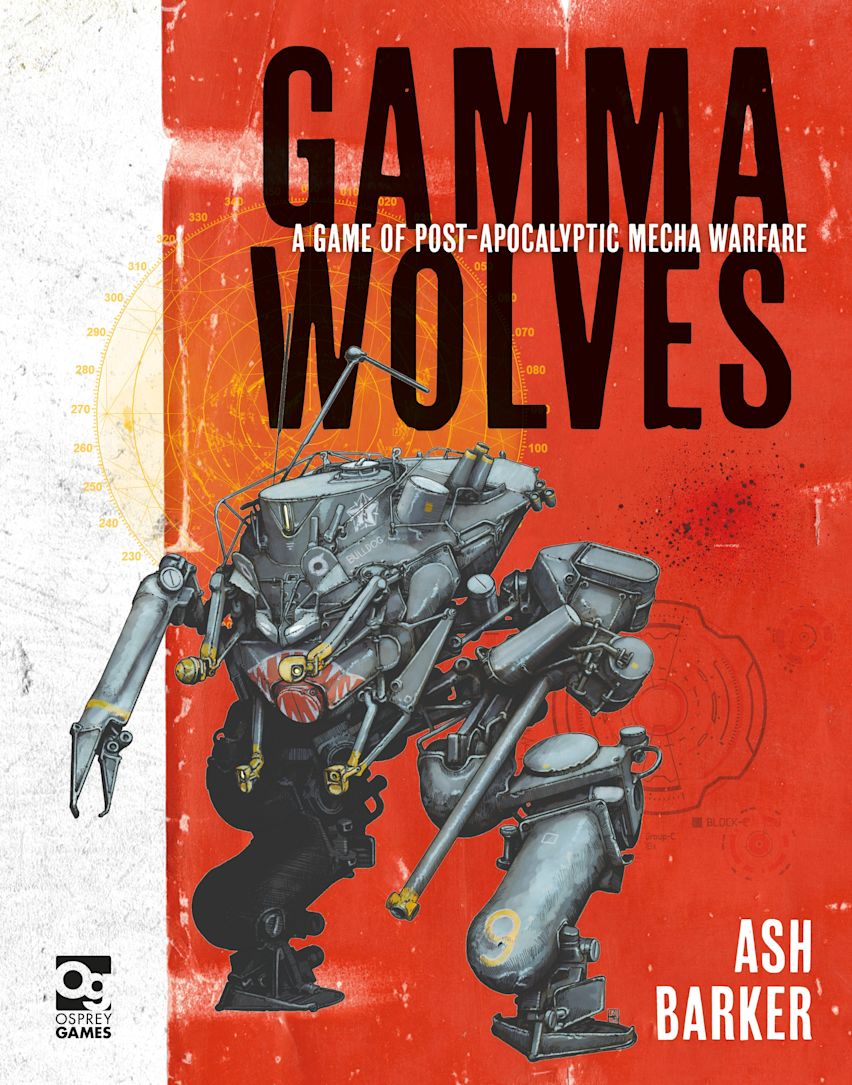 A large grey post-apocalyptic combat mech stands on a red background. Cover for Gamma Wolves game