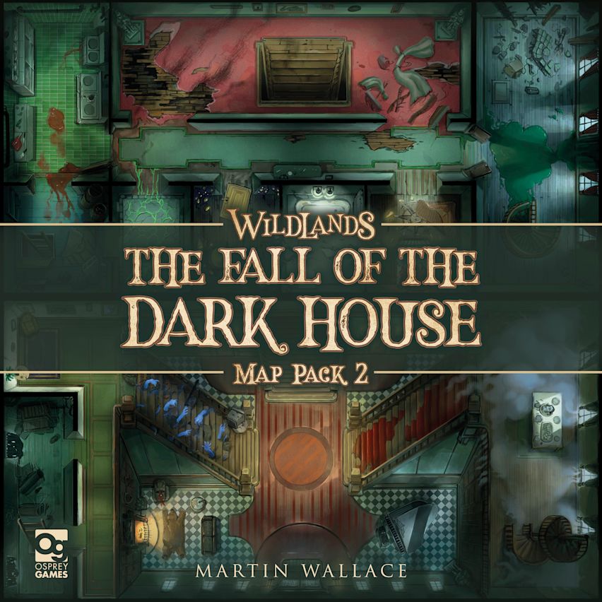 Overhead views of two dark, dilapidated house levels for Wildlands The Fall of the Dark House Map Pack 2, featuring a kitchen, cellar, and grand hall