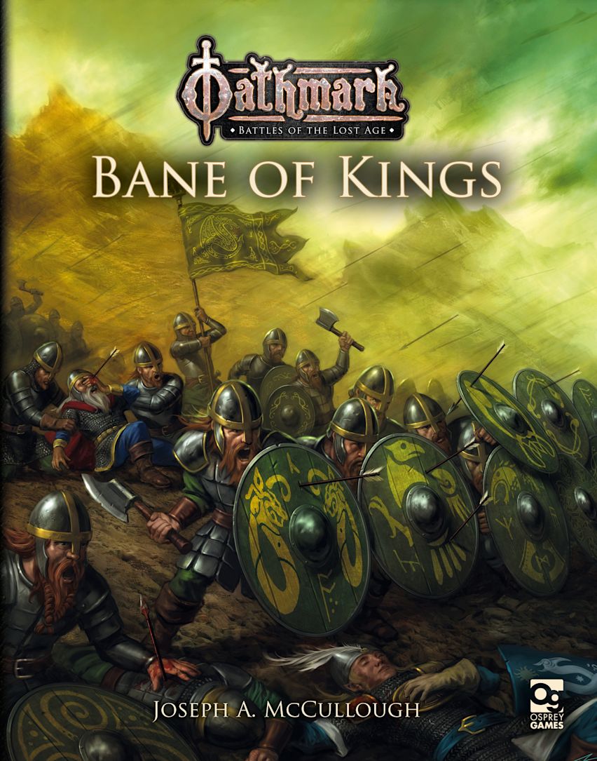 Oathmark: Bane of Kings cover showing armored warriors charging in a chaotic fantasy battle with axes and shields