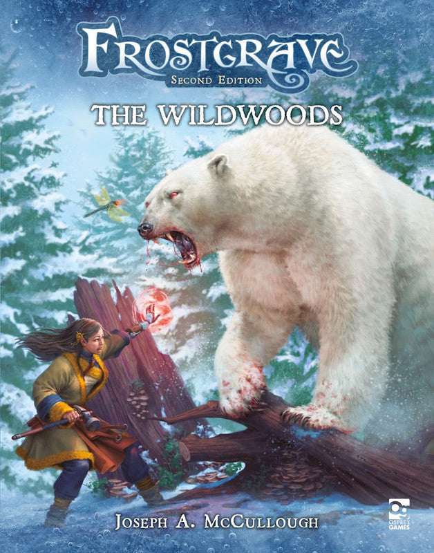 Frostgrave Second Edition The Wildwoods rulebook cover featuring a sorceress casting a spell at a polar bear