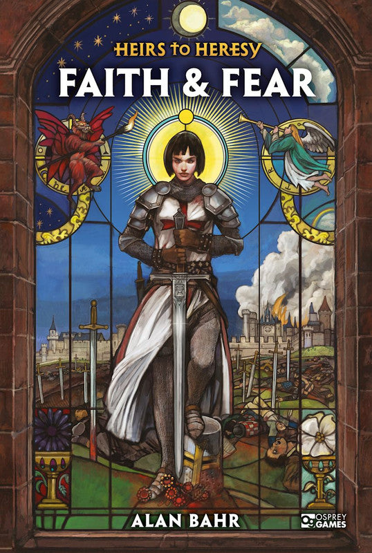Heirs to Heresy Faith Fear game book cover with crusader woman in stained glass style