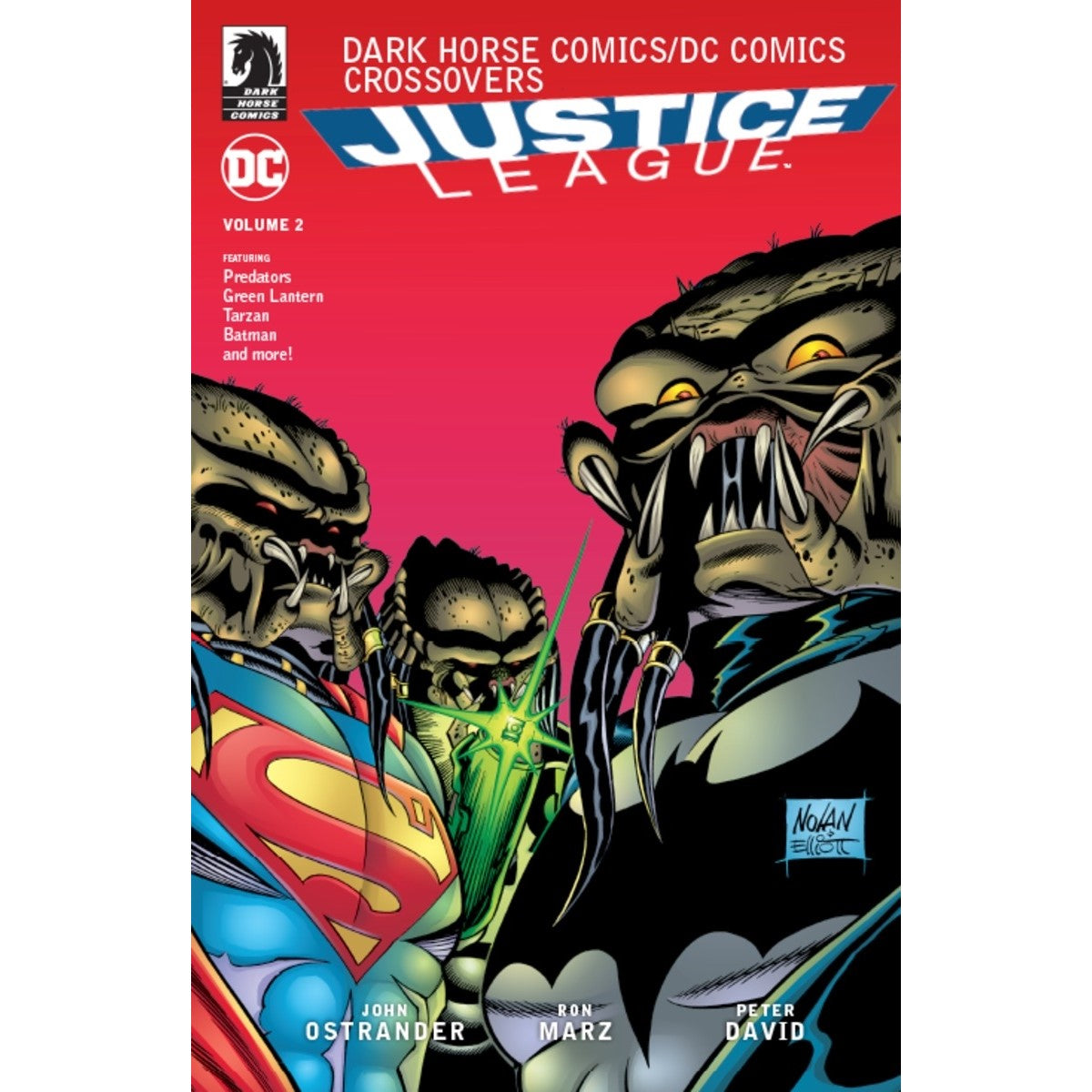 A Justice League Volume 2 graphic novel cover showing Superman, Green Lantern, and Batman standing with three large, menacing predatory aliens on a red background