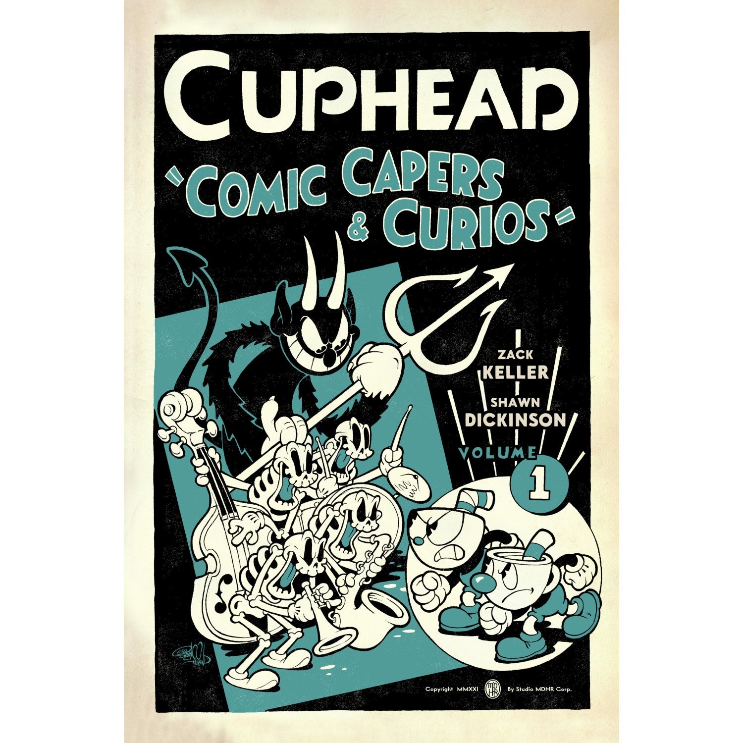 Dark Horse Cuphead Volume 1 Comic Capers & Curios book cover featuring a retro black, cream, and teal illustration of the Devil with a skeletal band, and angry Cuphead and Mugman