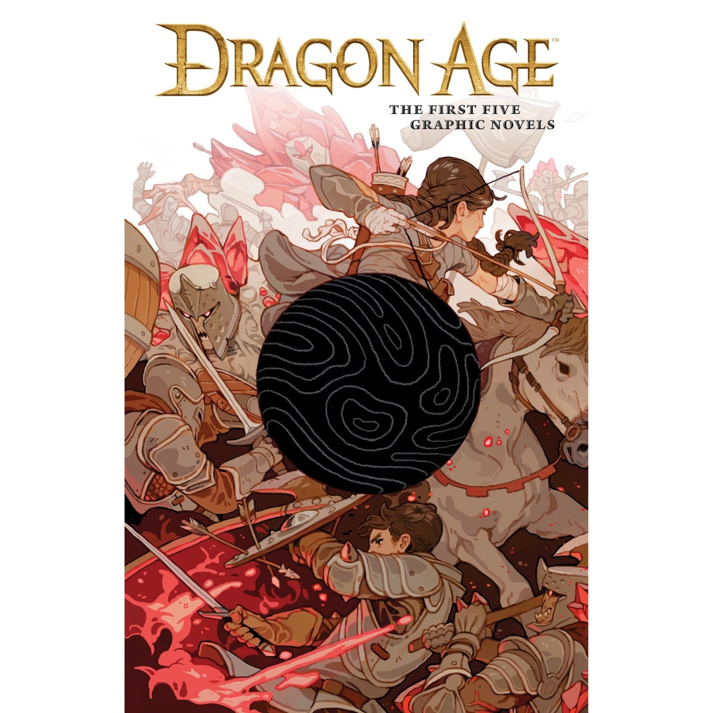 Dragon Age The First Five Graphic Novels cover shows a fantasy battle with an archer, armored knights, and a horse, obscured by a swirling black circle