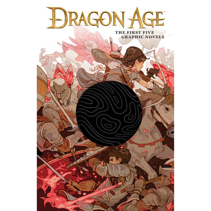 Dragon Age The First Five Graphic Novels cover shows a fantasy battle with an archer, armored knights, and a horse, obscured by a swirling black circle