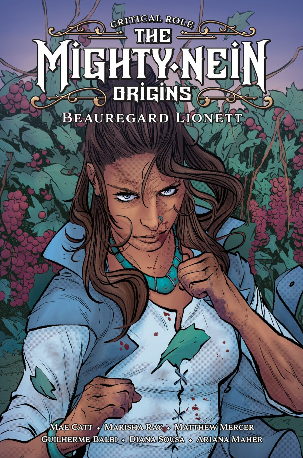 A graphic novel cover shows Beauregard Lionett, a fierce, dark-skinned woman with blue eyes and blood on her face and white shirt, clenching her fists amidst red berries and green leaves