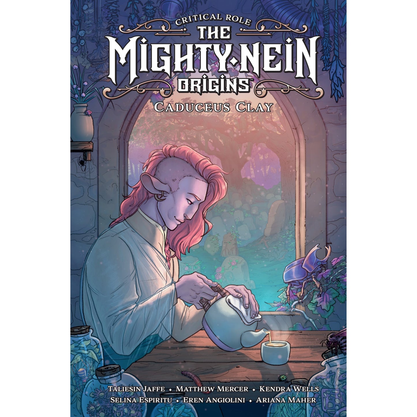 Caduceus Clay, a pink-haired elf, serenely pours tea at a table overlooking a misty graveyard