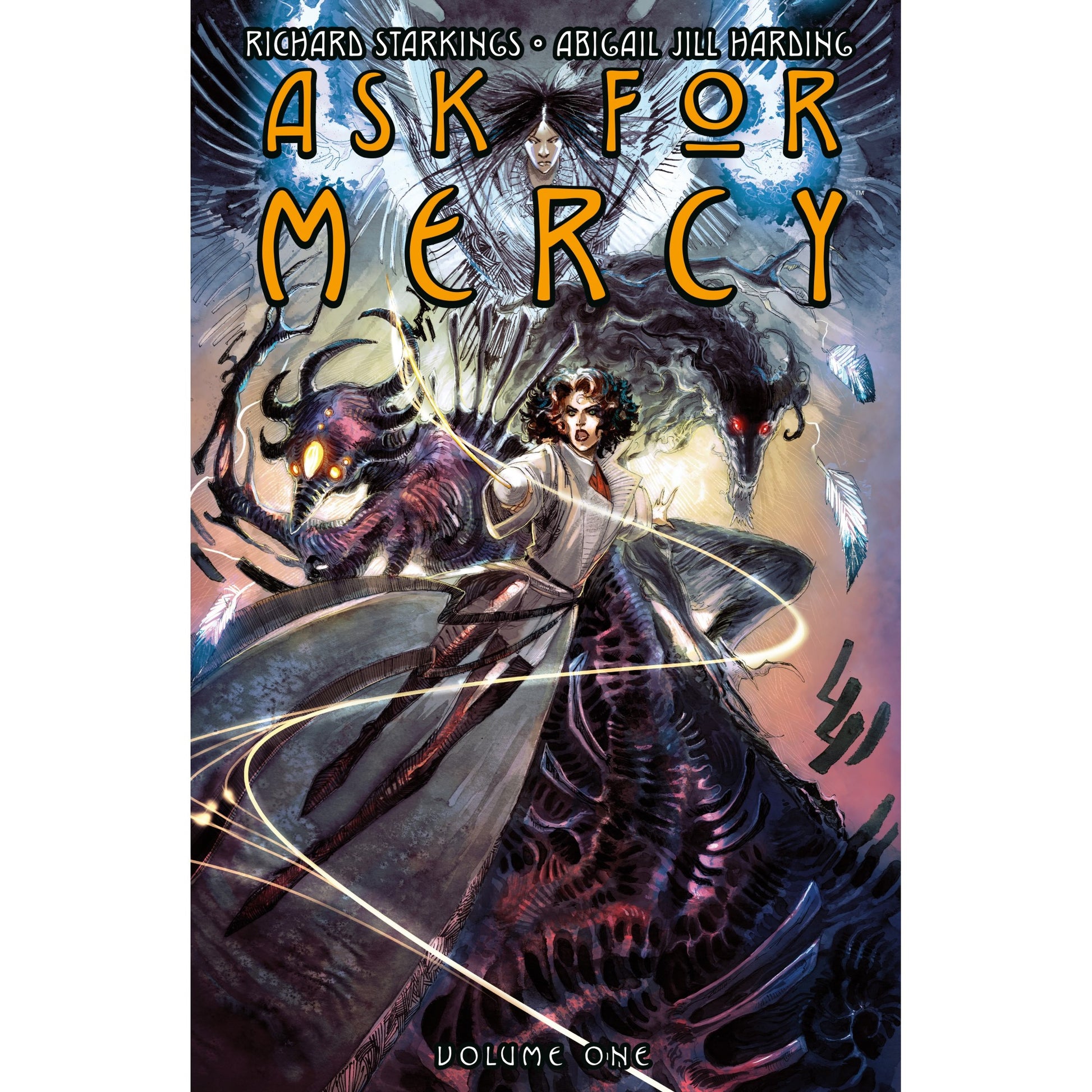 Ask for Mercy cover: A woman battles grotesque creatures and a red-eyed beast -  with an ethereal figure above