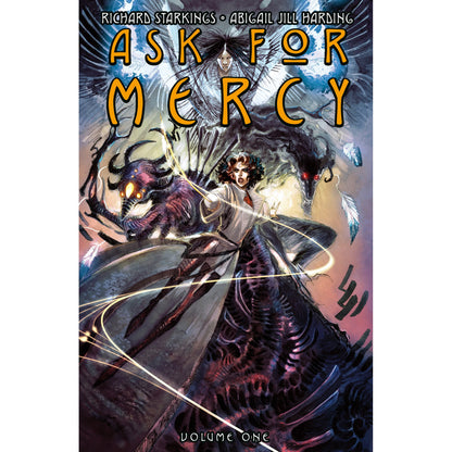 Ask for Mercy cover: A woman battles grotesque creatures and a red-eyed beast -  with an ethereal figure above