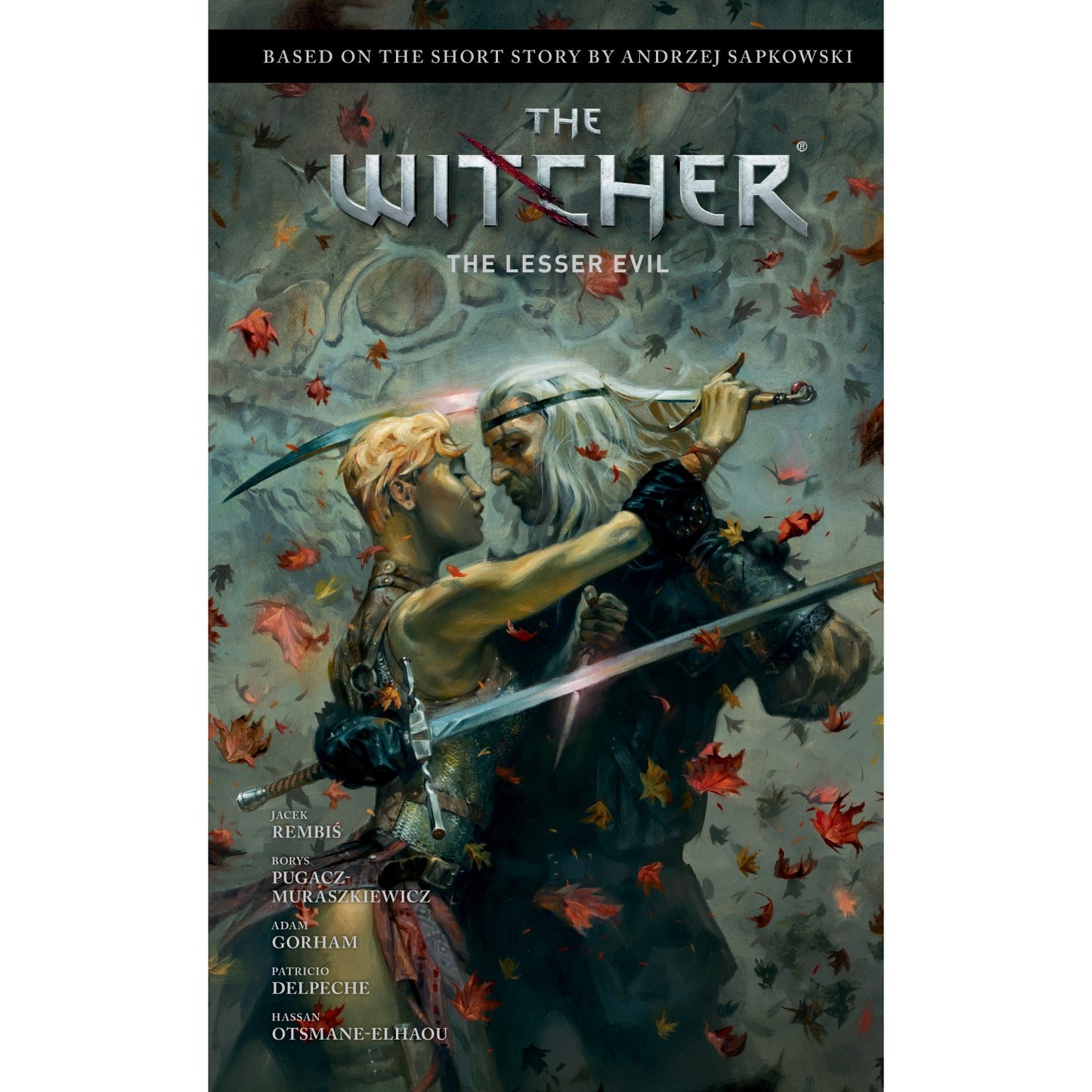 White-haired Geralt and blonde Renfri face off -  swords drawn -  amidst falling leaves
