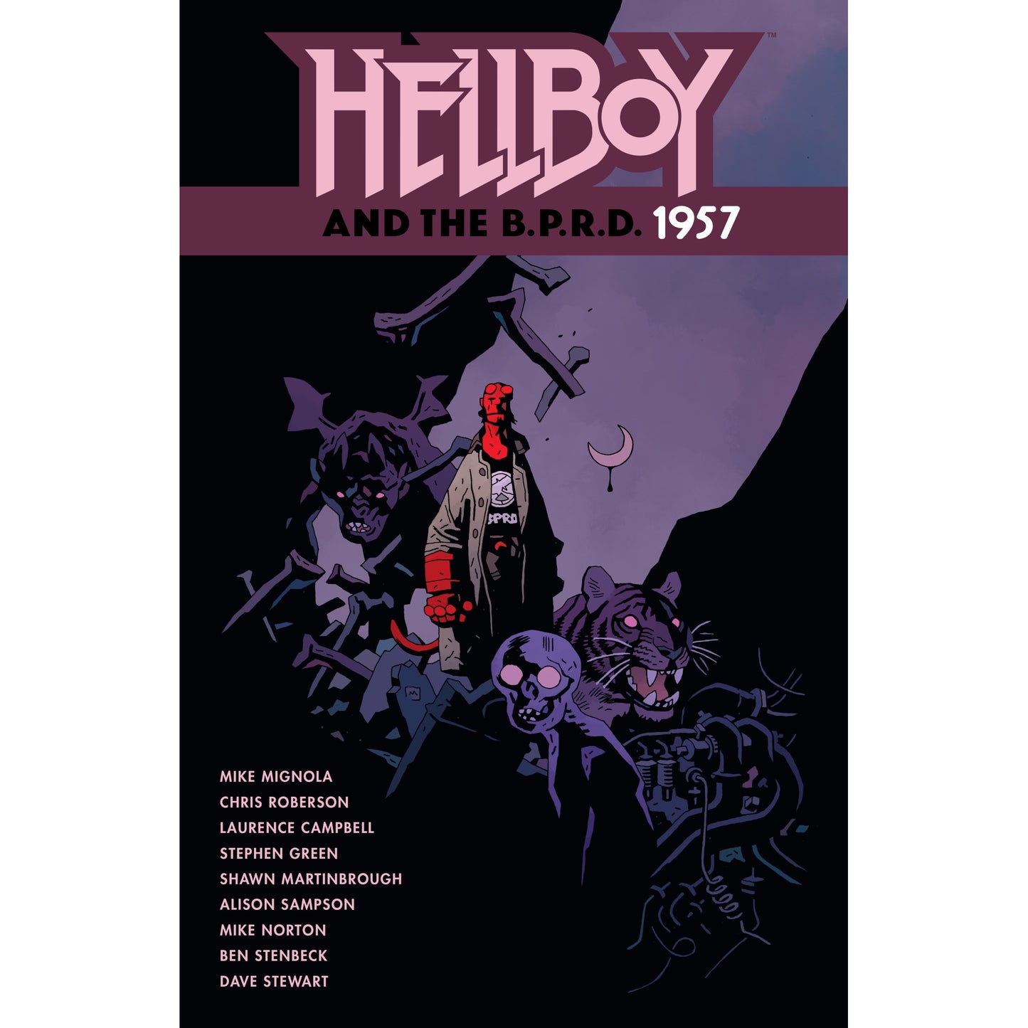 Hellboy and B.P.R.D. 1957 comic cover: Red Hellboy among purple tiger, skull, and shadowy monsters