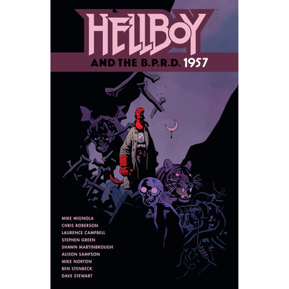 Hellboy and B.P.R.D. 1957 comic cover: Red Hellboy among purple tiger, skull, and shadowy monsters