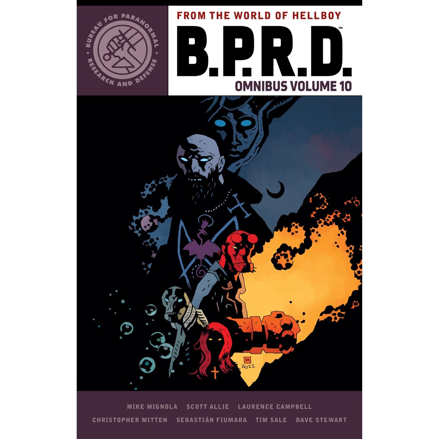 B.P.R.D. Omnibus 10 cover: Hellboy -  Liz Sherman -  Abe Sapien -  and mystical figures against a blazing -  dark landscape