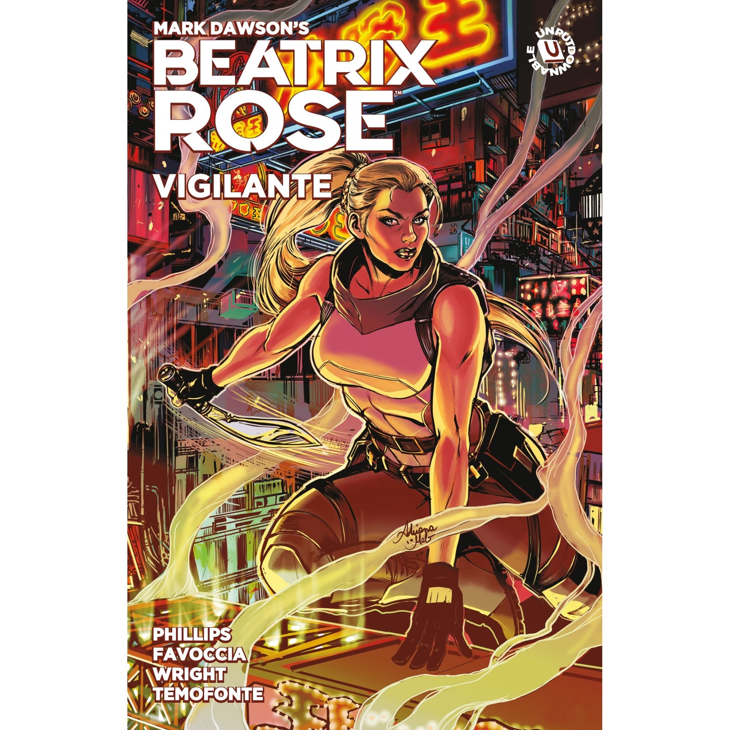 Dark Horse Beatrix Rose: Vigilante cover: Blonde vigilante Beatrix Rose crouches, weapon drawn, in a vibrant, neon-soaked cyberpunk city night