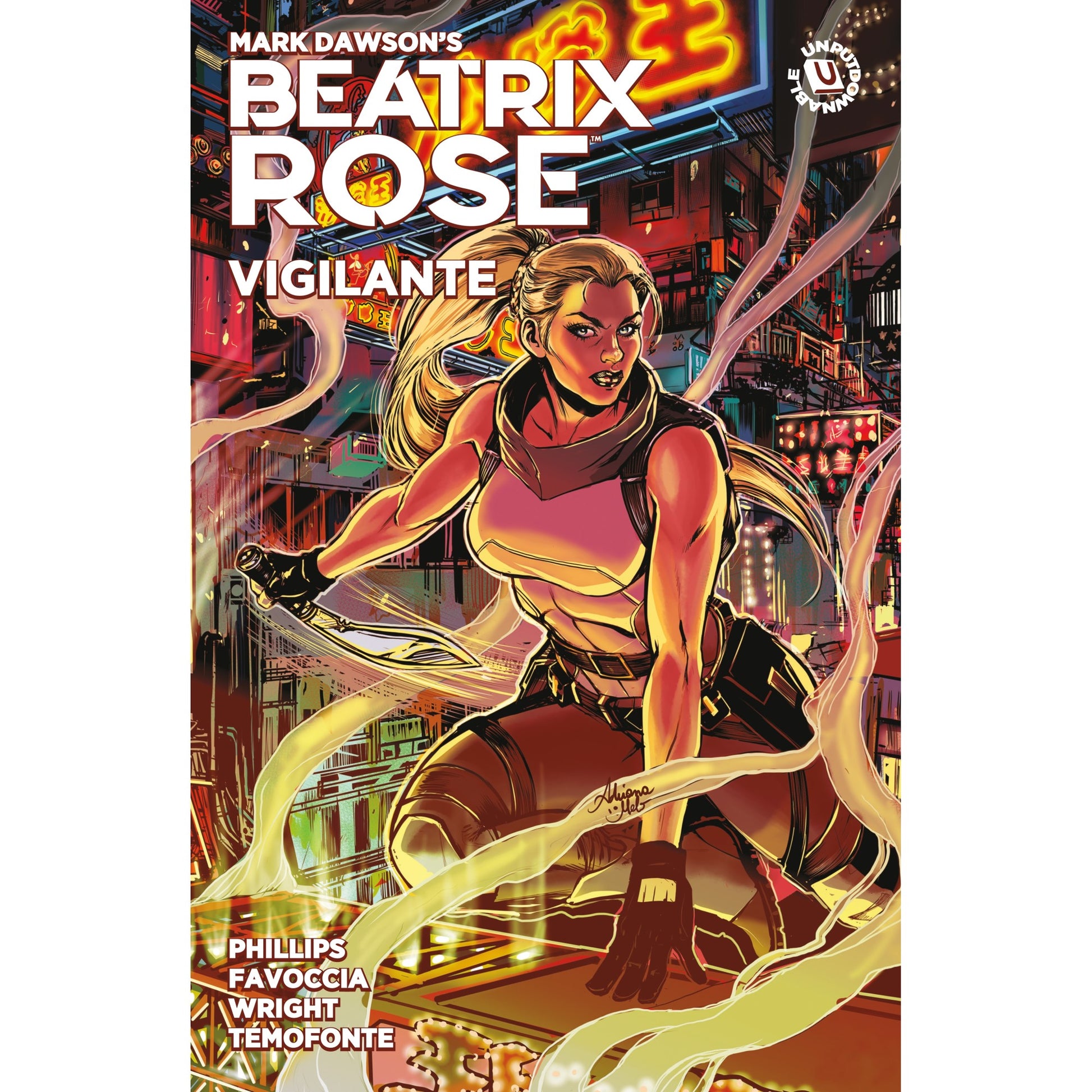 Dark Horse Beatrix Rose: Vigilante cover: Blonde vigilante Beatrix Rose crouches, weapon drawn, in a vibrant, neon-soaked cyberpunk city night