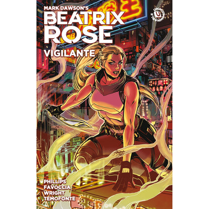 Dark Horse Beatrix Rose: Vigilante cover: Blonde vigilante Beatrix Rose crouches, weapon drawn, in a vibrant, neon-soaked cyberpunk city night
