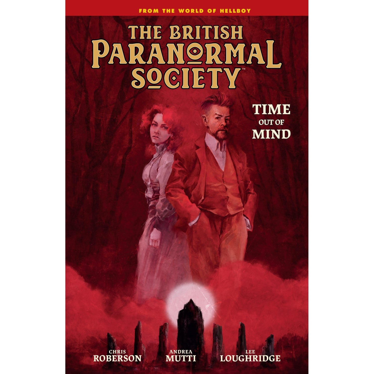 A stern man and pensive woman stand in a misty, red woods with standing stones on "The British Paranormal Society" comic cover