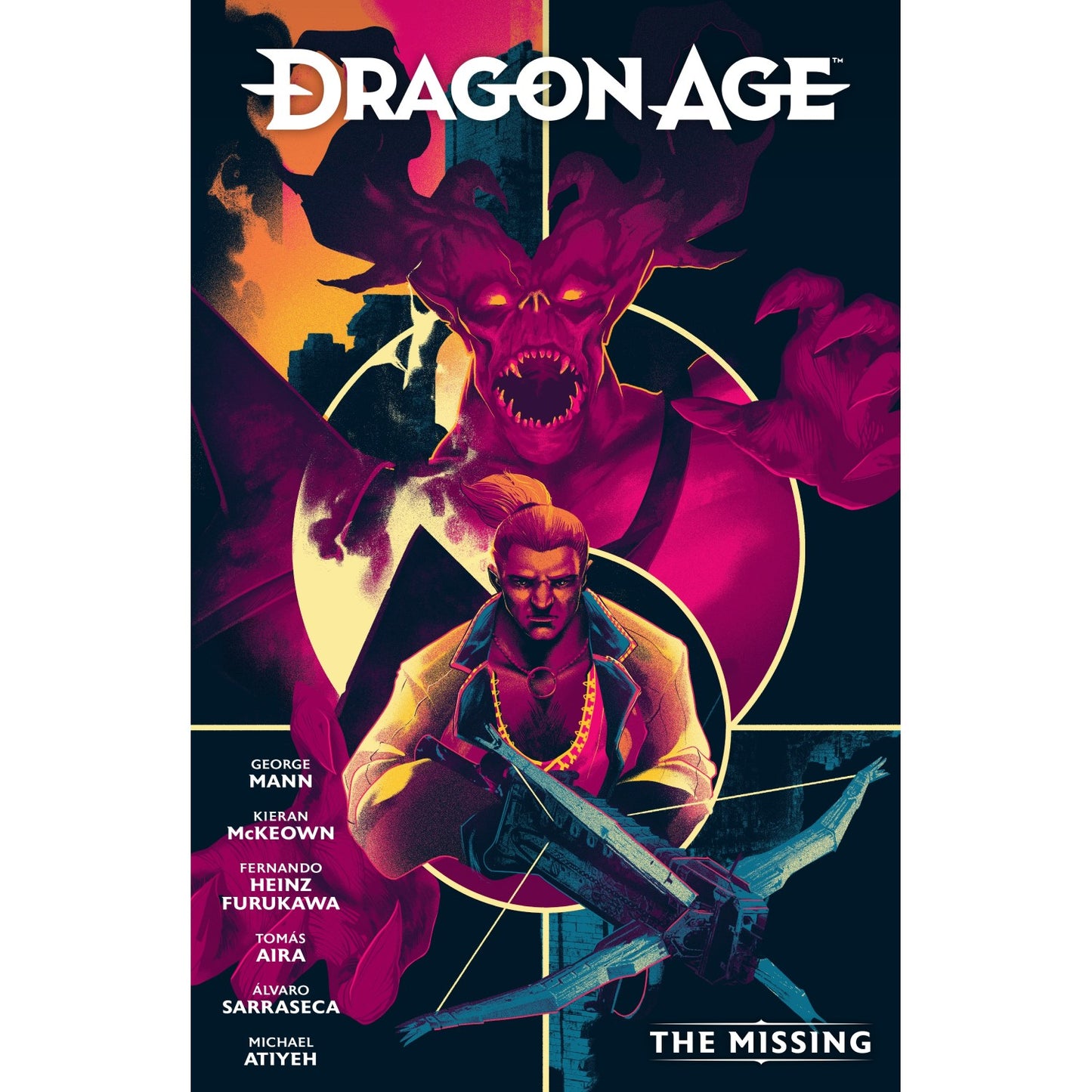 A graphic novel cover with a menacing red demon looming over a man holding a crossbow, set against a dark, fiery sky