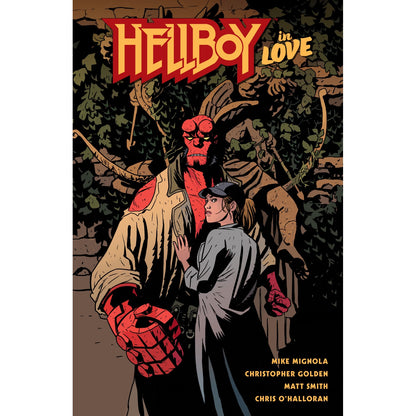 Comic cover: Red-skinned Hellboy in a trench coat stands with a woman in a cap, her hand on his chest. Title: HELLBOY in LOVE