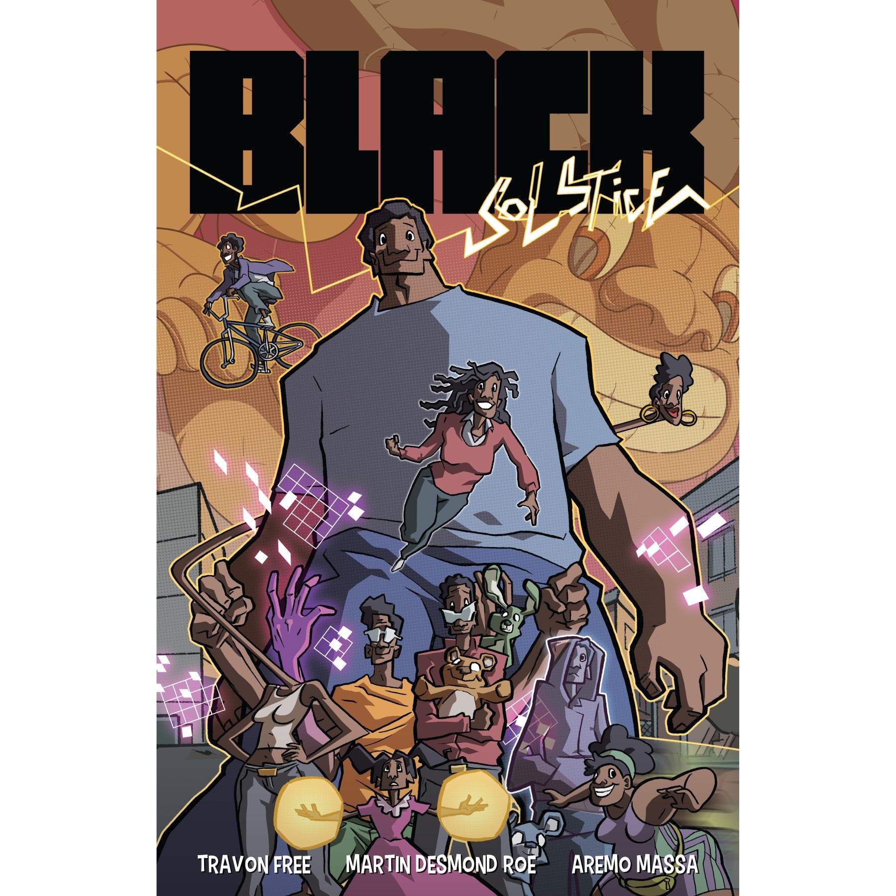 BLACK SOLSTICE comic cover: A massive Black man surrounded by a diverse, active cast, including a floating woman, with glowing elements