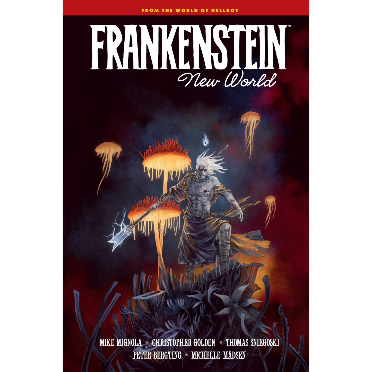 Frankenstein's monster stands on roots, holding a glowing spear amid red glowing mushrooms and jellyfish. Title: Frankenstein New World