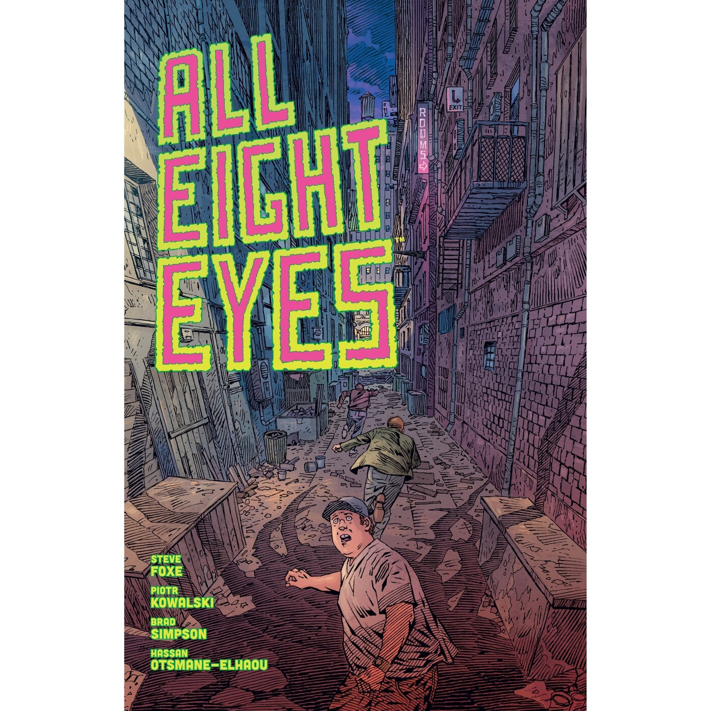 Cover: Two men flee a dark -  trash-strewn alley -  the foreground man wide-eyed with terror