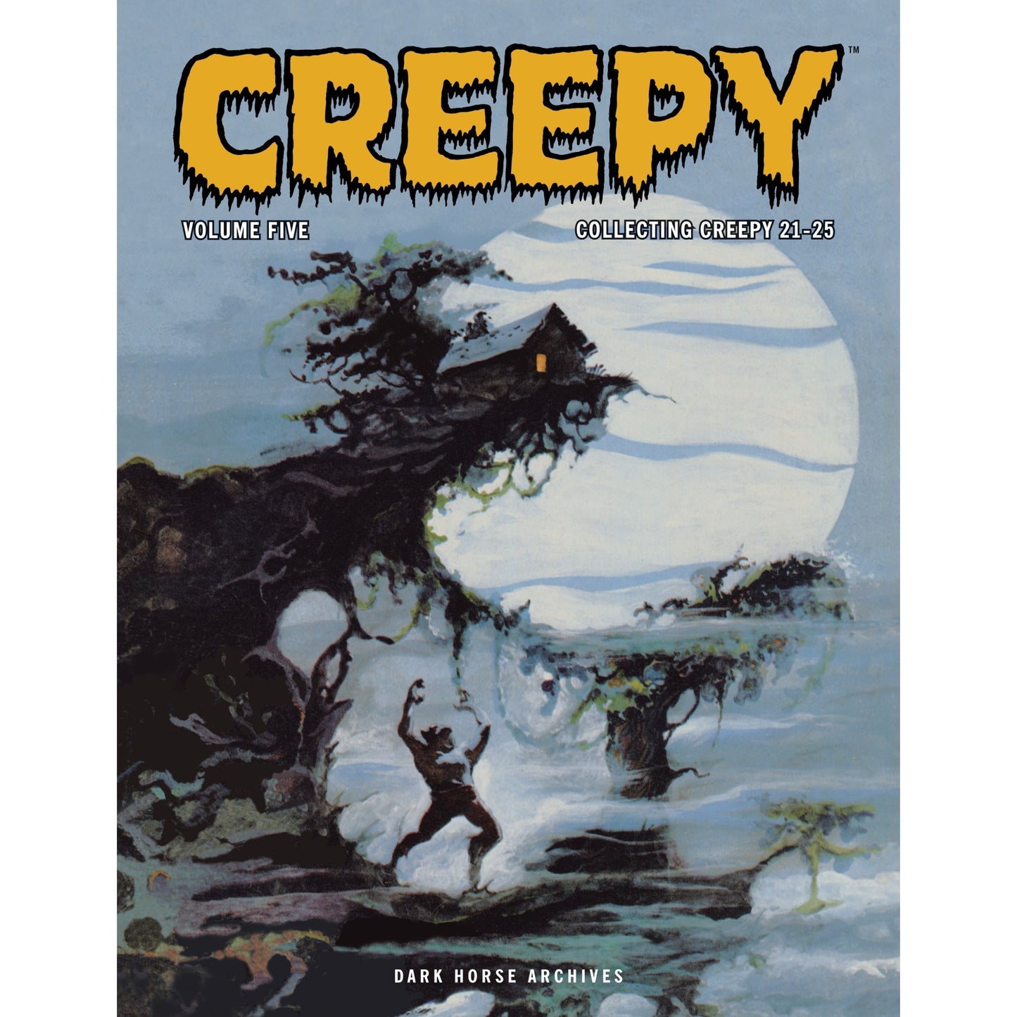 Creepy Archives Volume 5 book cover features large orange 'Creepy' text above a full moonlit spooky landscape with a house on a cliff and a running figure