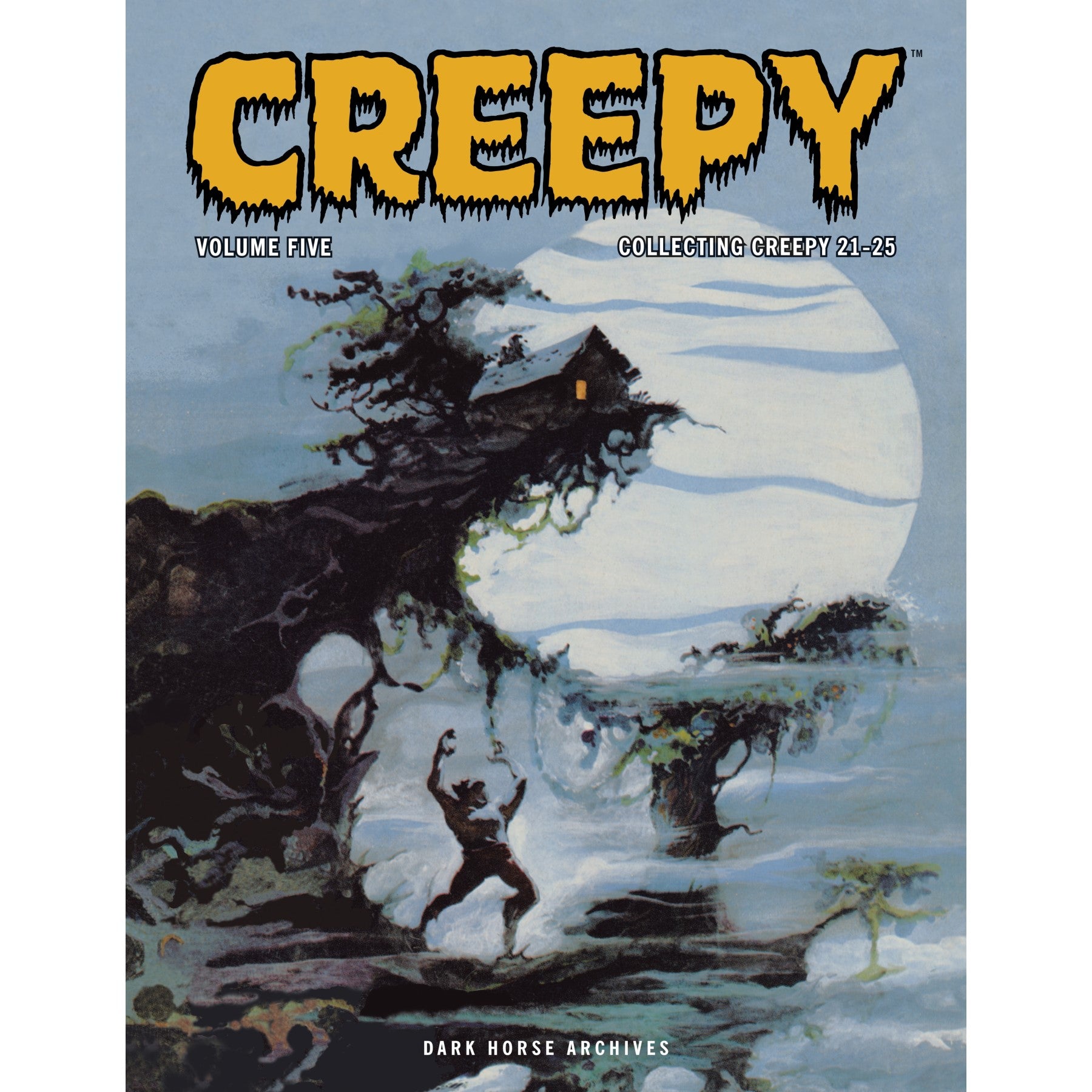 Creepy Archives Volume 5 book cover features large orange 'Creepy' text above a full moonlit spooky landscape with a house on a cliff and a running figure
