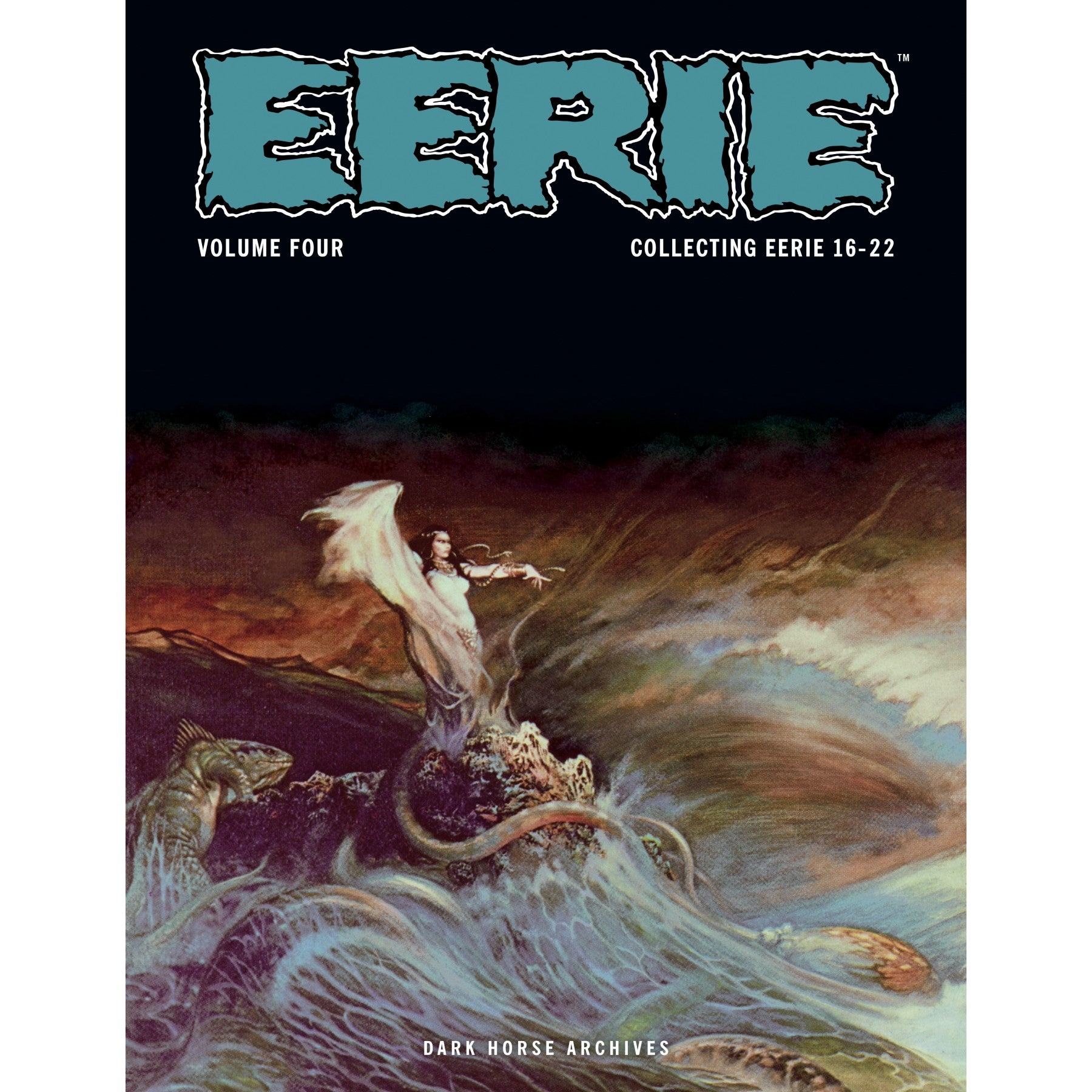 EERIE Volume Four cover. A woman on a rocky outcrop amidst stormy waves, with a sea monster. Dark Horse Archives