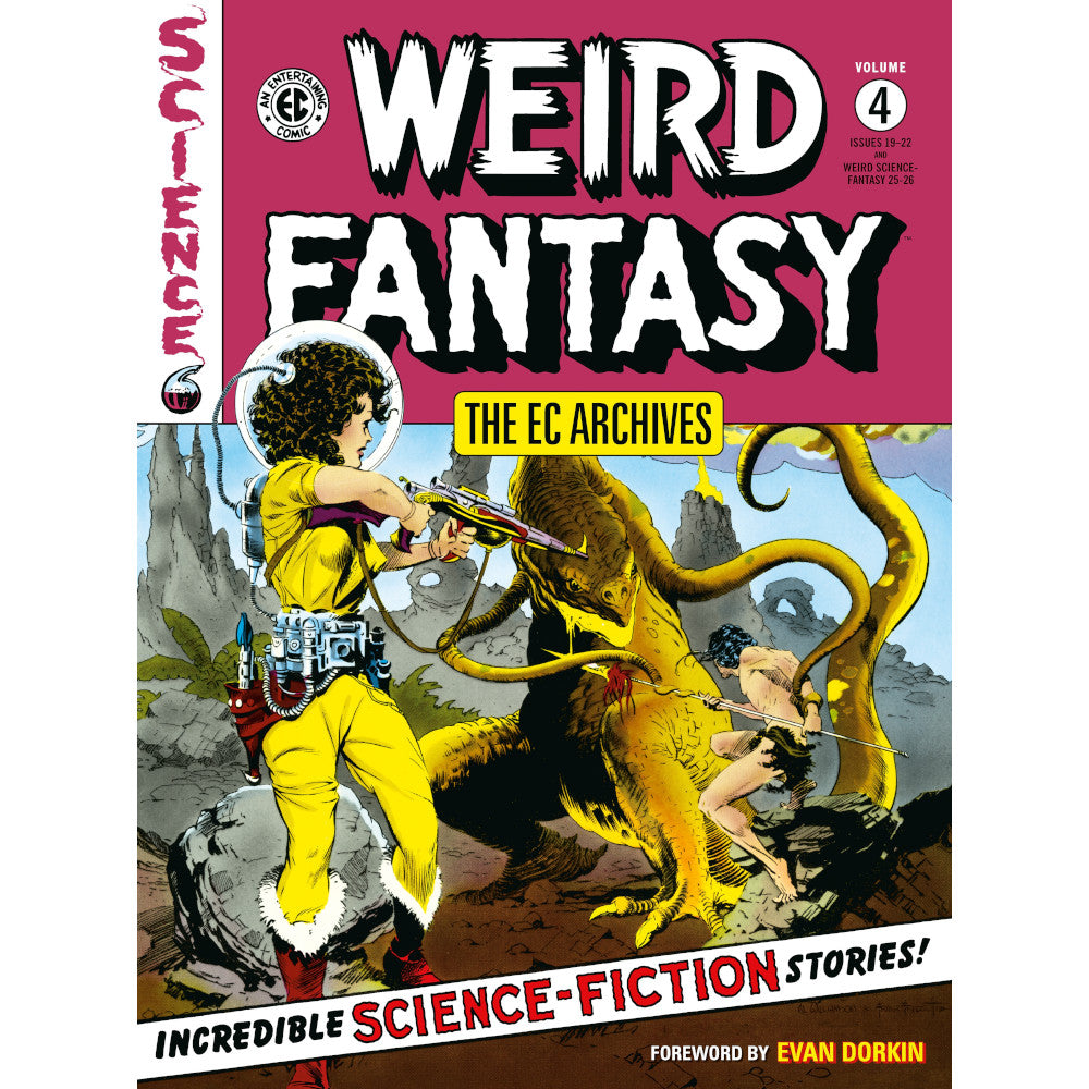 The EC Archives Weird Fantasy Volume 4 comic cover shows a woman in a spacesuit and a man with a spear fighting a tentacled monster on an alien planet
