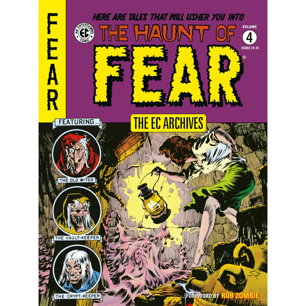 The EC Archives The Haunt of Fear Volume 4 book cover depicts a woman with a lantern facing a monster, alongside portraits of three macabre characters