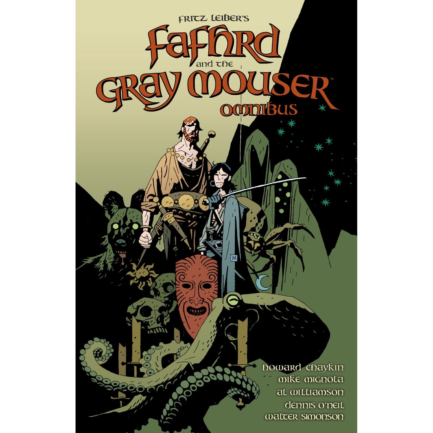 Fafhrd and Gray Mouser Omnibus comic cover. Two heroes stand with swords among monstrous figures, skulls, and an octopus tentacle