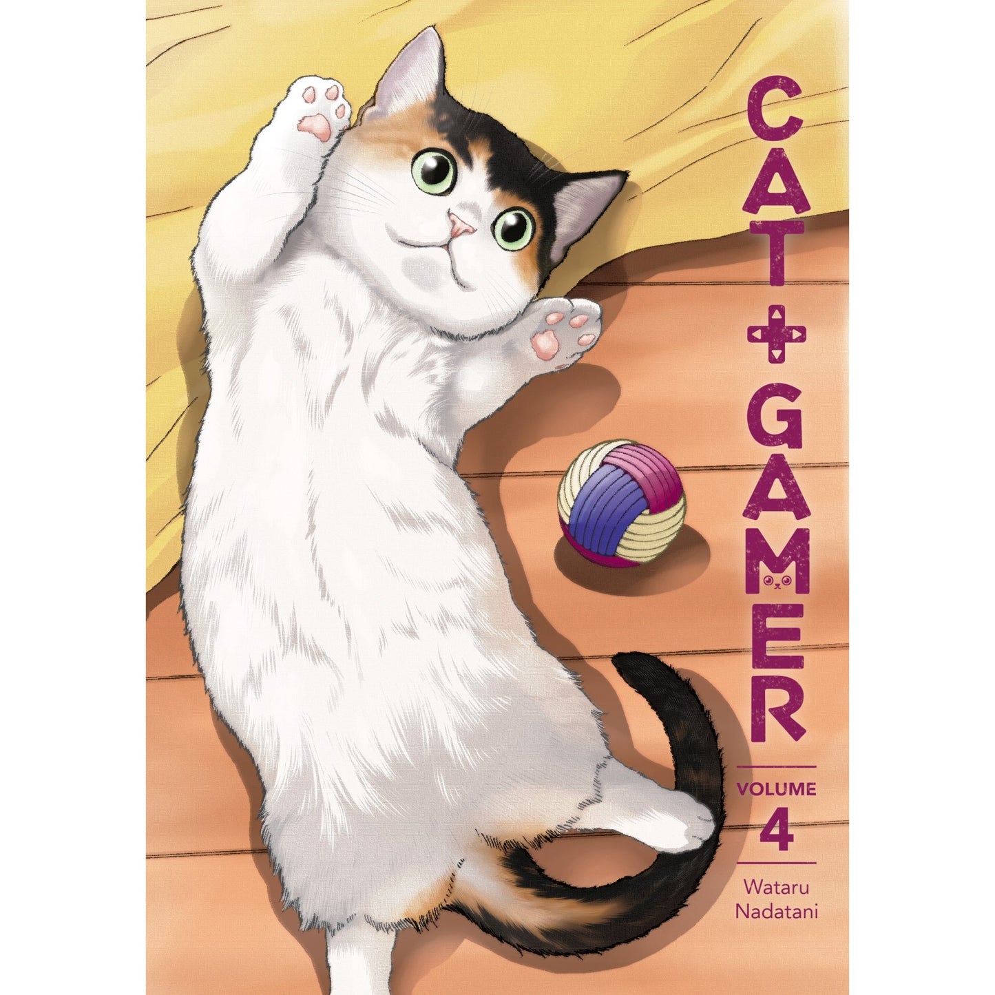 The "Cat + Gamer" manga cover shows a playful calico cat with green eyes, on its back, paws up, beside a woven toy ball