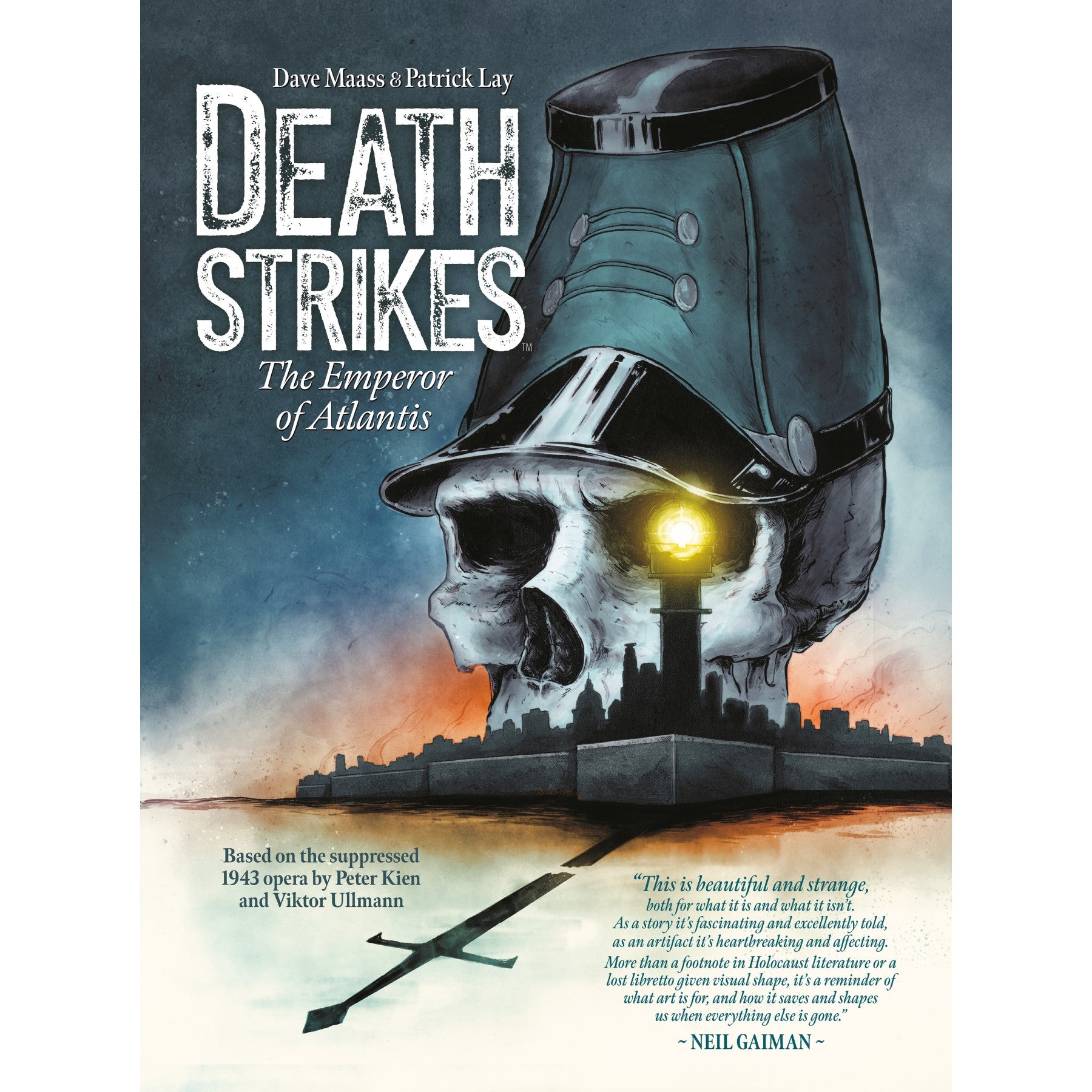 Dark Horse Death Strikes_ The Emperor of Atlantis graphic novel cover features a skull in a military cap with a glowing lighthouse eye, overlooking a cityscape and a submerged sword