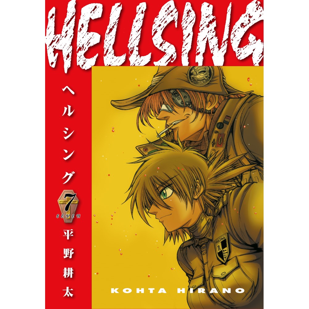 Hellsing Volume 7 (Second Edition) manga cover: A smirking man in a hat smokes above a smiling blonde character in uniform