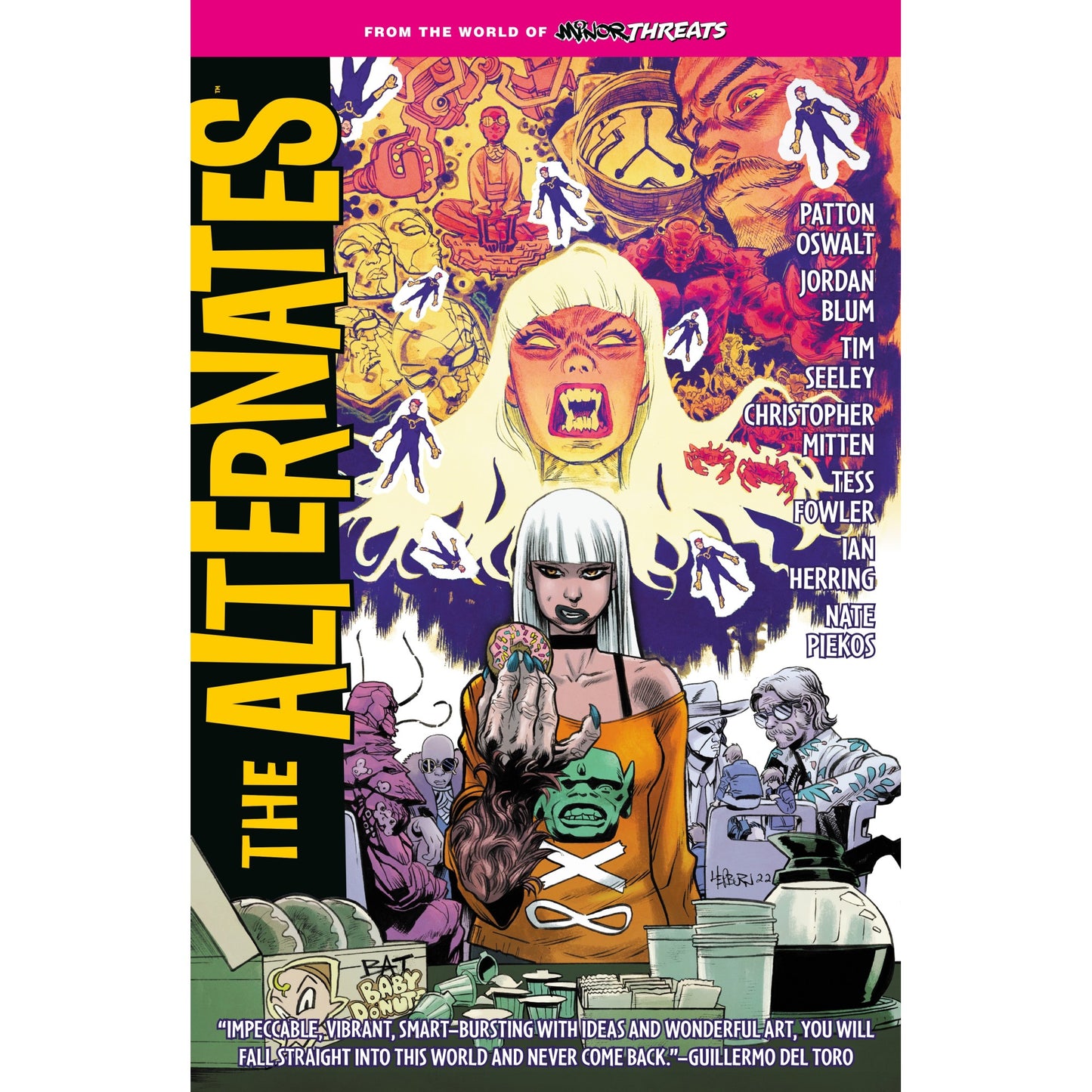 The Alternates comic cover: A white-haired woman with sharp nails holds a donut, while a fanged face screams above her in a surreal scene