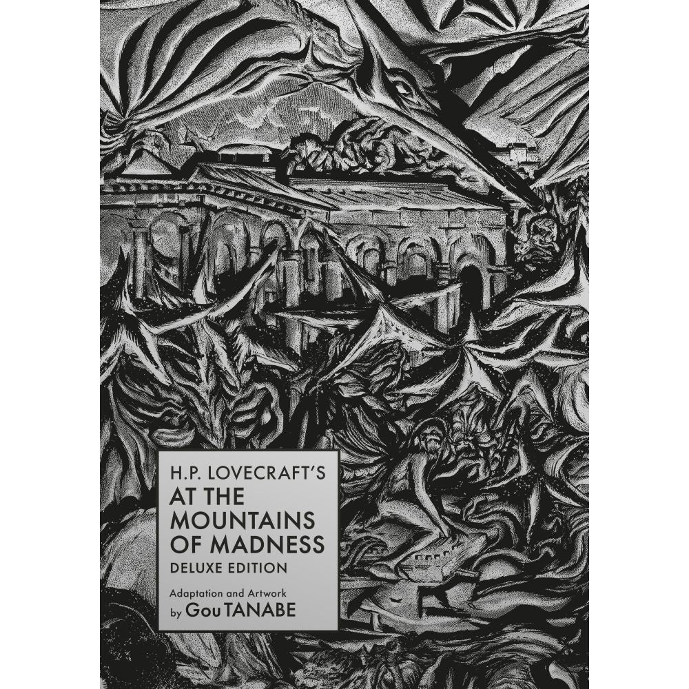 Monochrome book cover: 'At the Mountains of Madness' with detailed art of ancient ruins, jagged mountains, and grotesque creatures