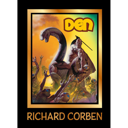 Den graphic novel cover shows a muscular man with a sword standing on small creatures, a large creature behind him, and others reaching up