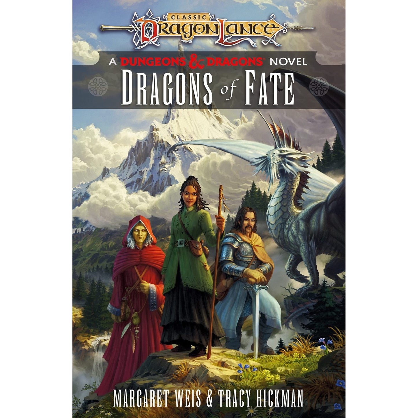 The Dragons of Fate Book cover shows three fantasy characters and a white dragon standing before snowy mountains, a forest, and a waterfall
