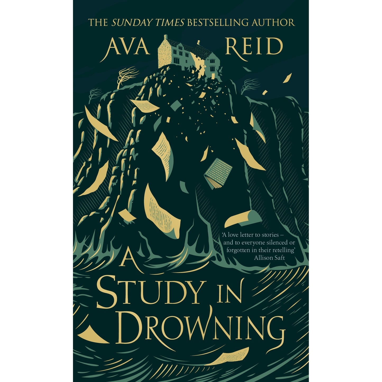 Cover of "A Study in Drowning" by Ava Reid, showing a house on a cliff as papers and books fall into dark, swirling water