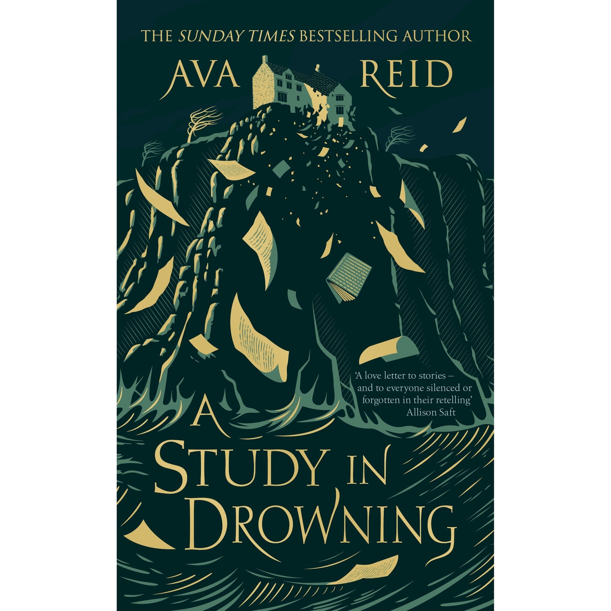 Cover of "A Study in Drowning" by Ava Reid, showing a house on a cliff as papers and books fall into dark, swirling water