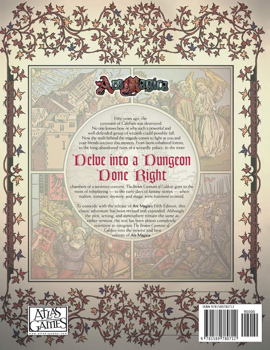 Ars Magica Fifth Edition The Broken Covenant of Calebas sourcebook featuring medieval-style artwork and descriptive text about the adventure