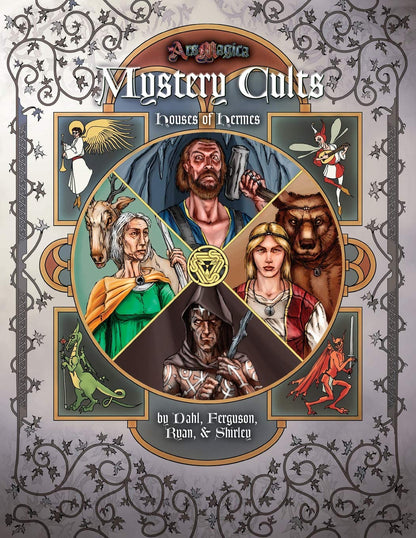 Ars Magica Fifth Edition Houses of Hermes Mystery Cults sourcebook cover featuring a central wheel of five cult members and six smaller peripheral images representing various mystical figures