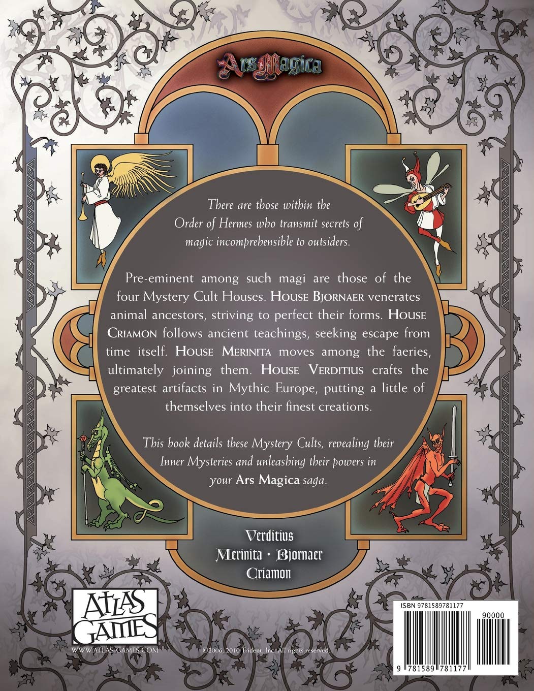 Back cover of Ars Magica Fifth Edition Houses of Hermes Mystery Cults sourcebook featuring four unique cult art pieces and a detailed product description