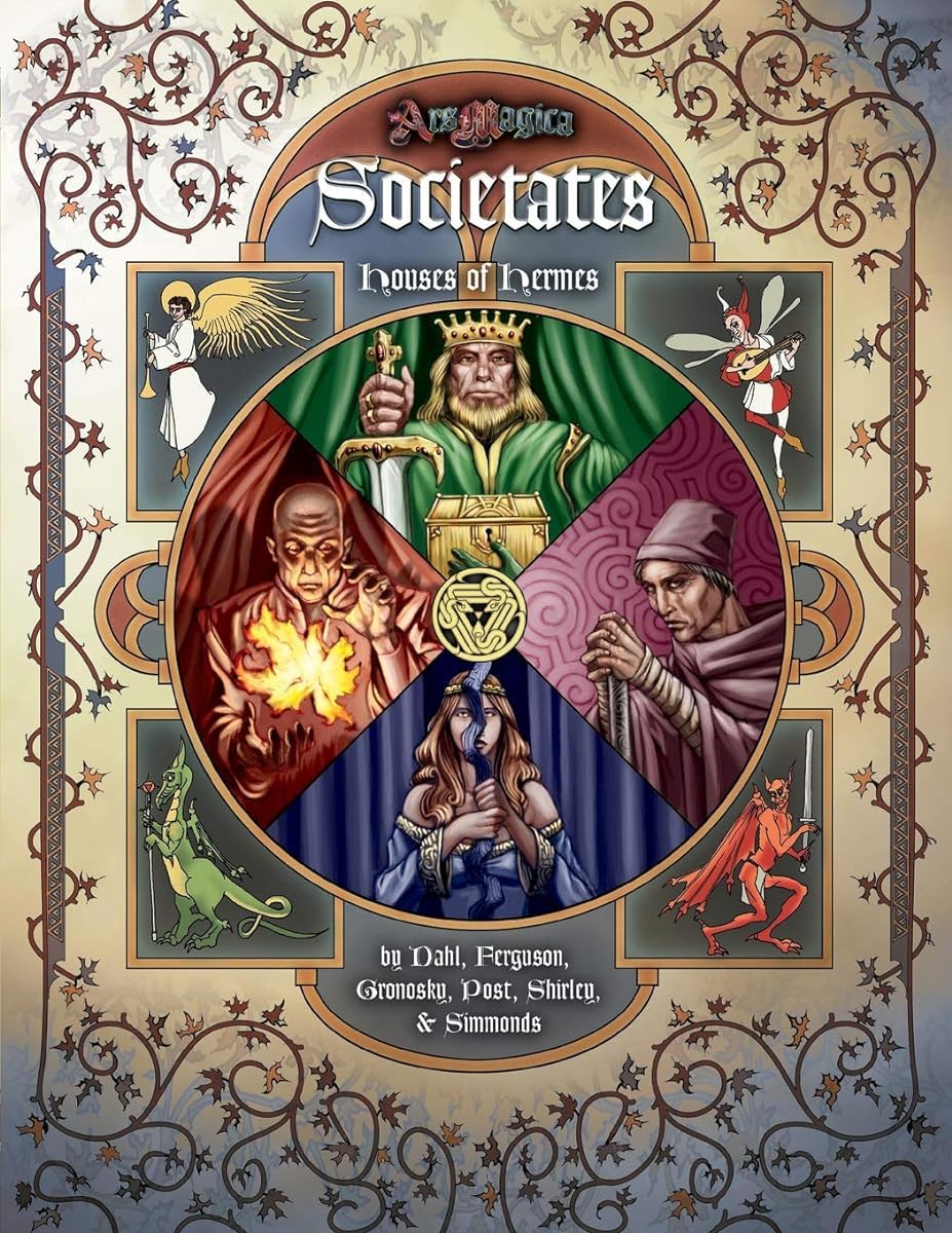 Ars Magica 5th Edition Societates - Houses of Hermes sourcebook cover featuring a central wheel with 6 distinct mages and mythic creatures