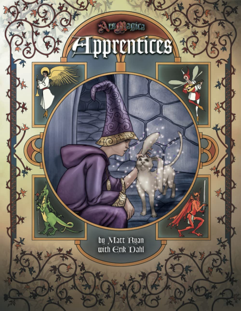 Ars Magica Apprentices 5th Edition sourcebook cover featuring a young wizard and a glow-cat surrounded by smaller images of mythical creatures