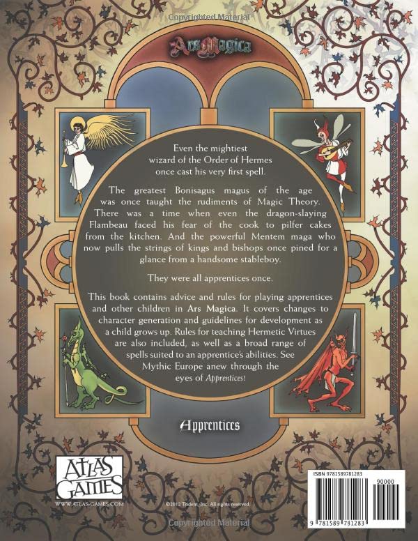 Ars Magica 5th Edition Apprentices sourcebook cover features an ornate border with title and fantasy illustrations including an angel fae dragon and demon