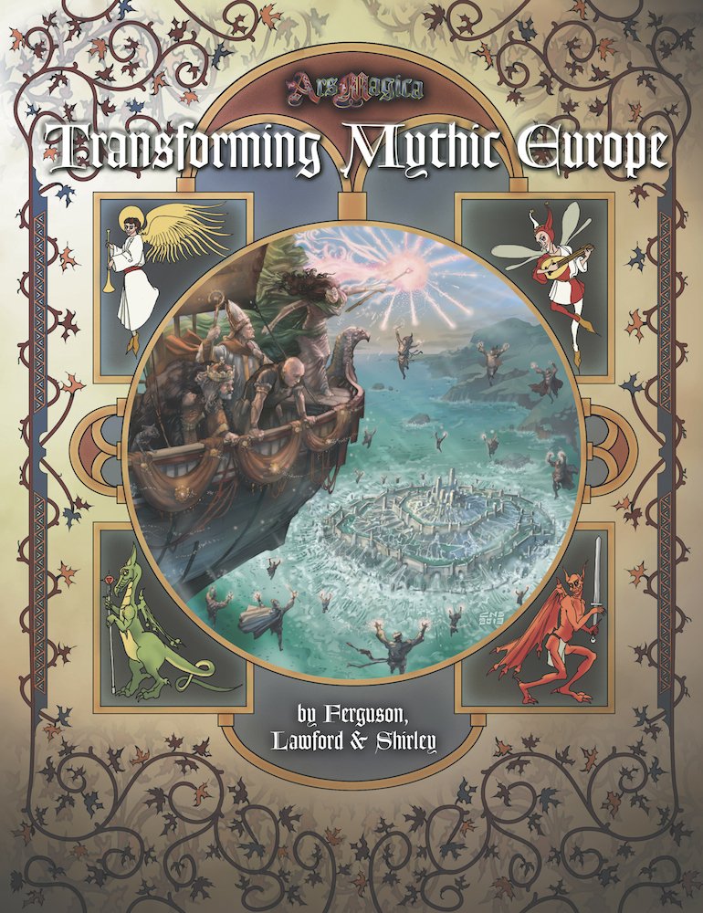 The cover of the Ars Magica RPG Fifth Edition - Transforming Mythic Europe Sourcebook showing a ship casting spells at a city in the sea, with an angel, fairy, dragon, and demon