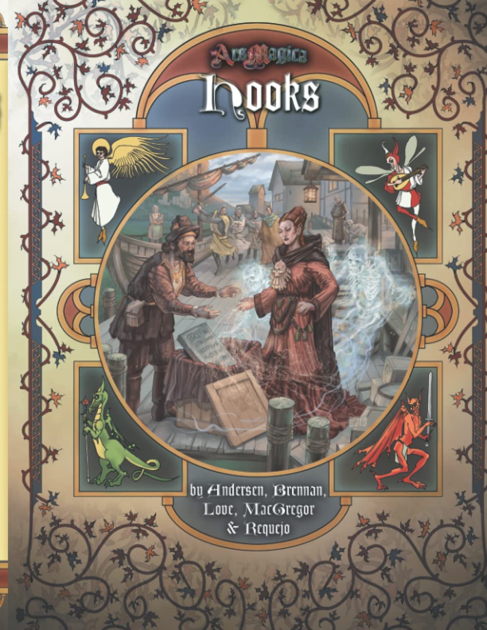 Ars Magica 5th Edition Hooks sourcebook cover with medieval art depicting a man and woman conversing with spectral figures flanked by a dragon angel and fairy
