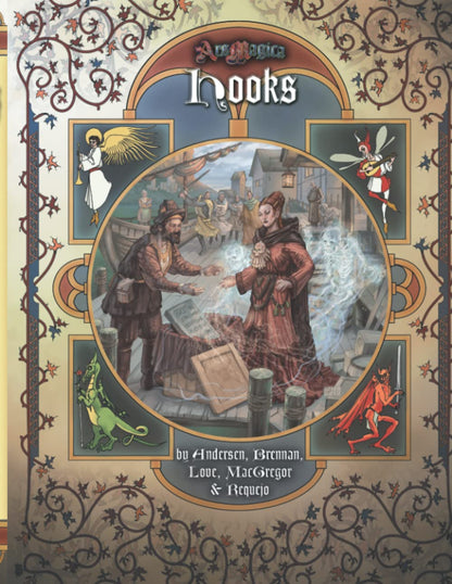 Ars Magica 5th Edition Hooks sourcebook cover with medieval art depicting a man and woman conversing with spectral figures flanked by a dragon angel and fairy